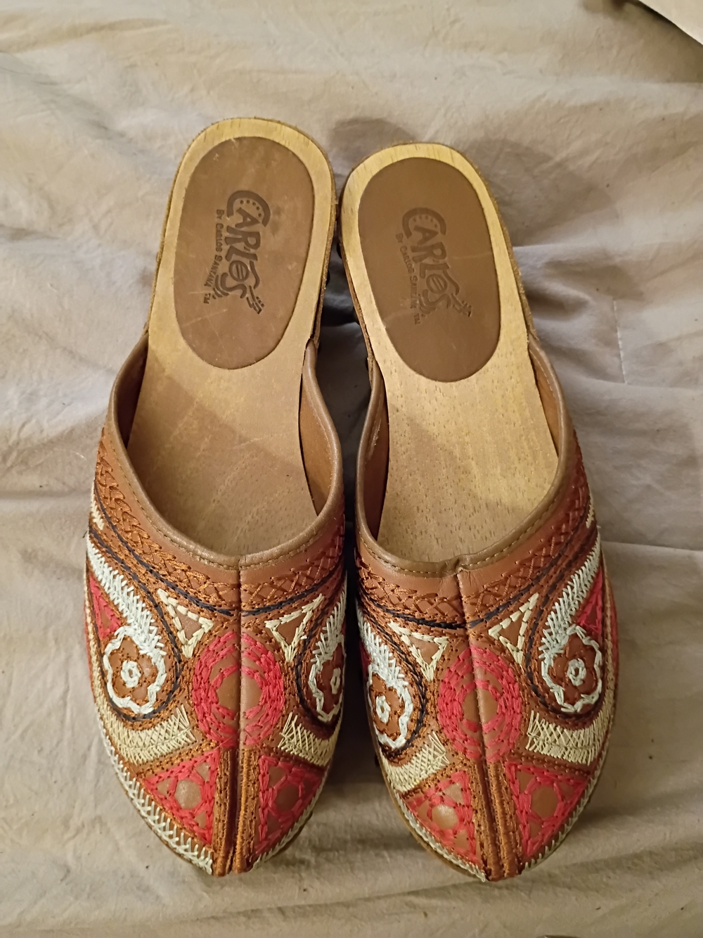 CARLOS Embroidered Slip-On Mules in Brown and Coral